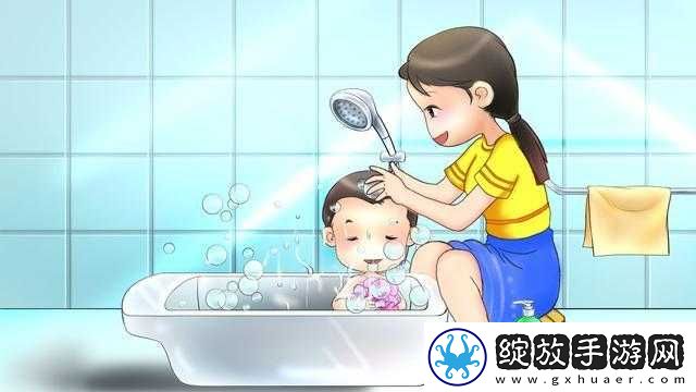 宝宝扶着水池乖乖让爸爸洗头